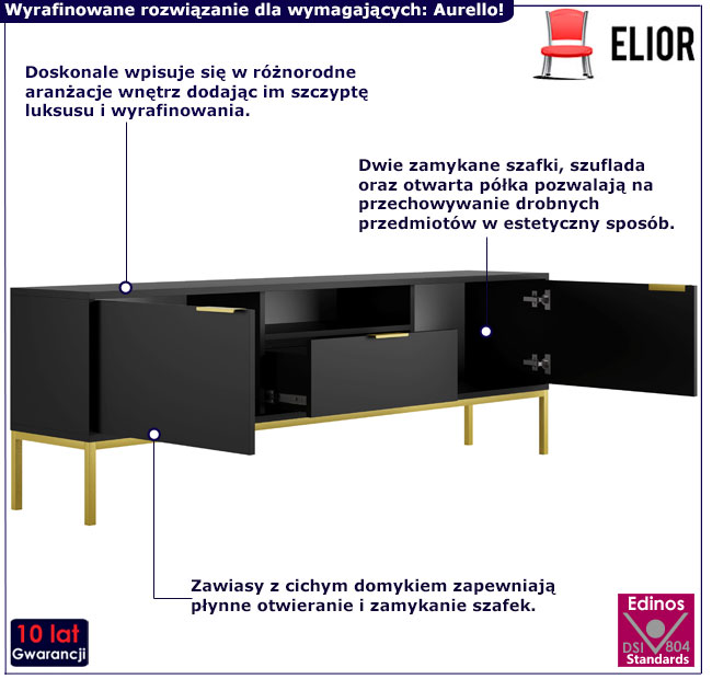 Szafka RTV 175cm  Siena 6X czarny+złoty