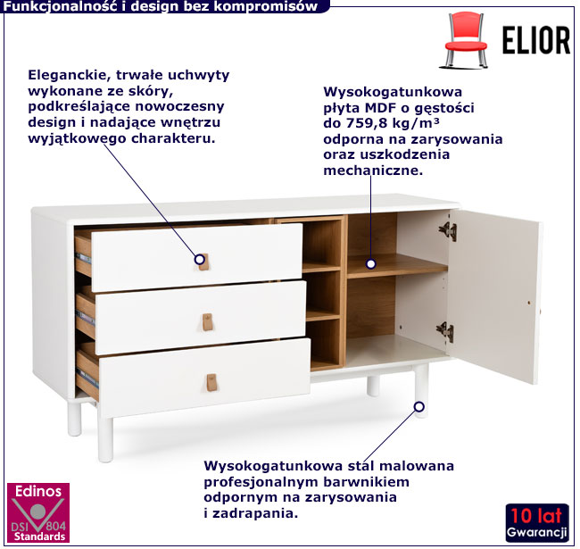 Biała długa nowoczesna komoda na nóżkach Arella