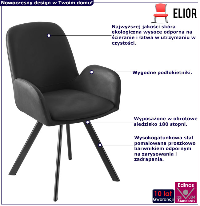 Czarne skórzane krzesło obrotowe bez kółek Fiteri