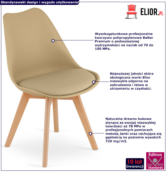 Infografika zestawu 4 szt ciemnobeżowych krzeseł z poduszką z ekoskóry Ares 3S