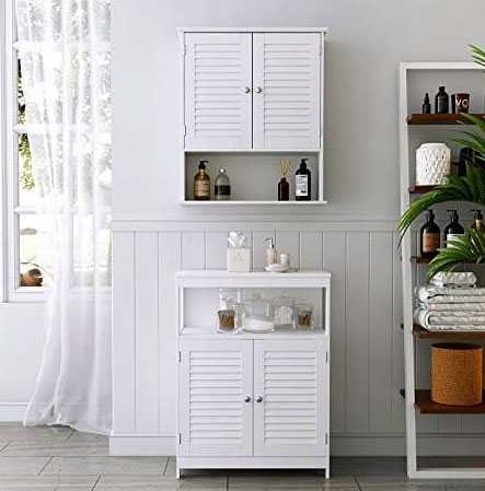 Łazienka z wykorzystaniem białej szafki łazienkowej Elaine