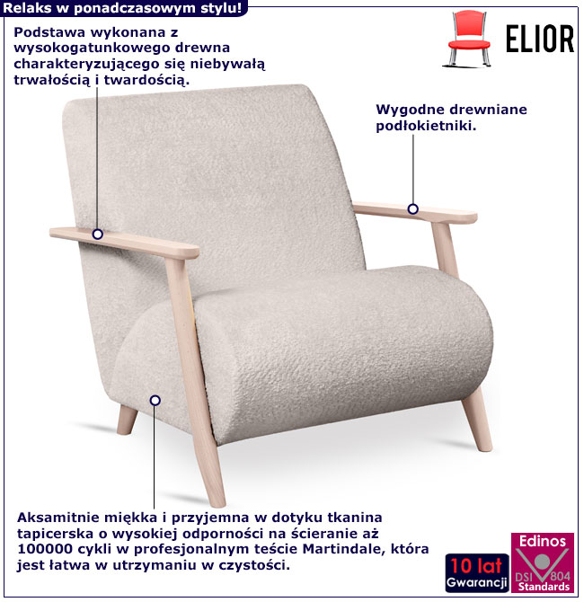 Drewniany fotel tapicerowany Merti 3X kremowy