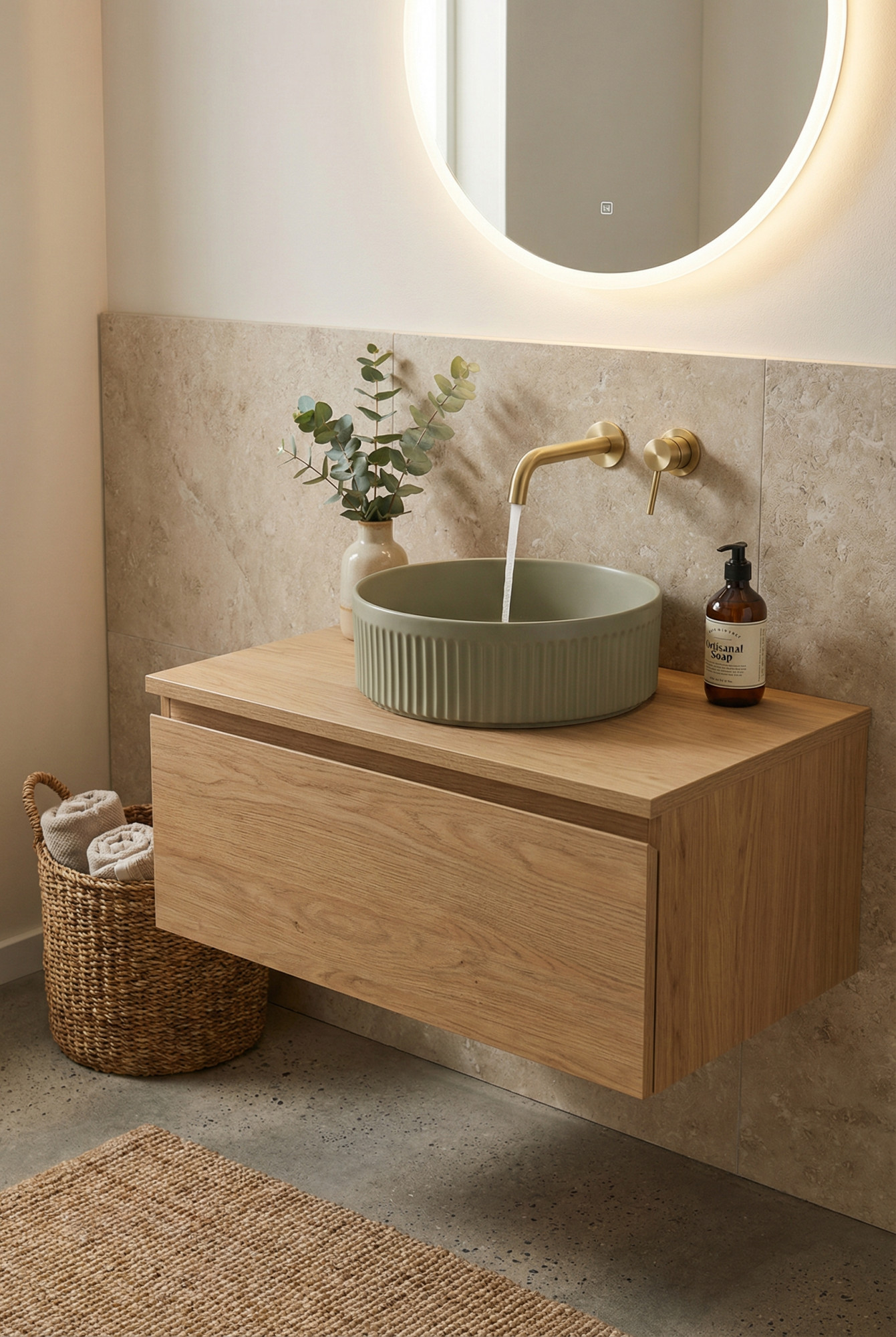 Łazienka nowoczesna z oliwkową umywalką nablatową Lukka