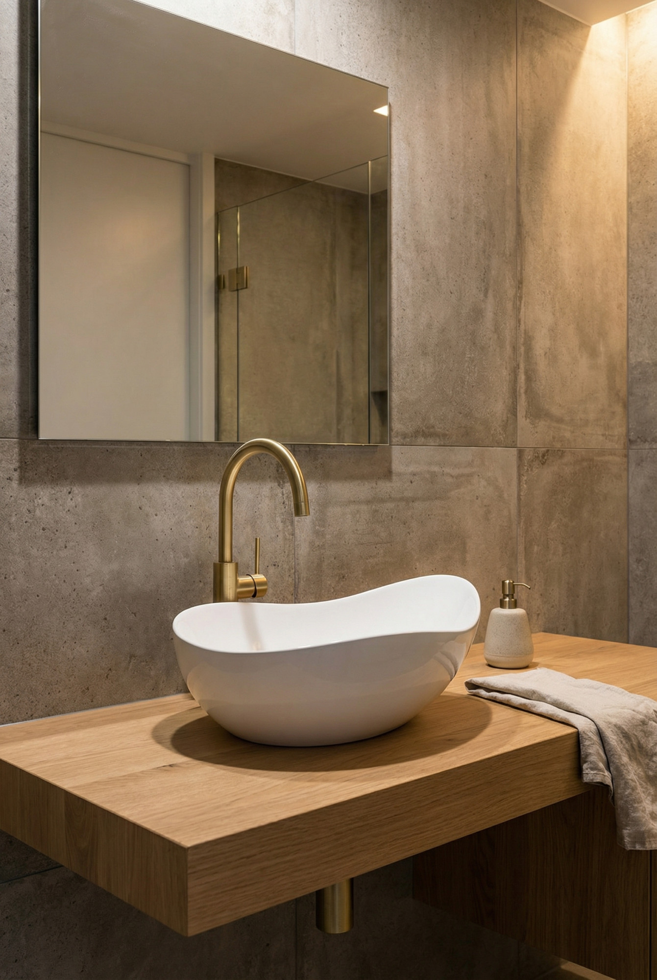 Aranżacja łazienki z wykorzystaniem białej umywalki nablatowej Belto