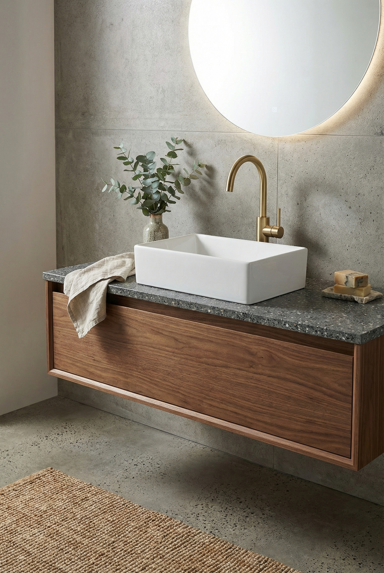 Aranżacja z białą umywalka nablatową Mottled