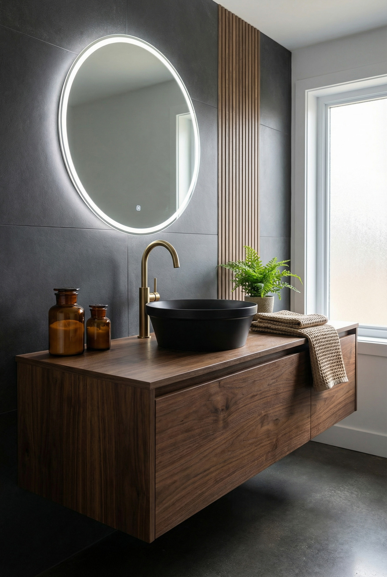 Łazienka z wykorzystaniem czarnej umywalki nablatowej Netos