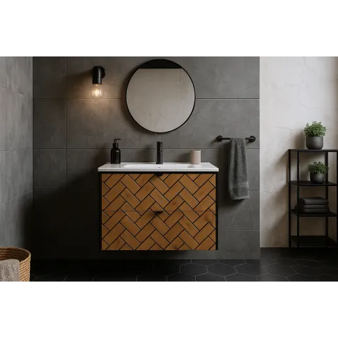 Nowoczesna szafka pod umywalkę z 2 szufladami 80 cm czarny   dąb craft złoty   Aploni 5X