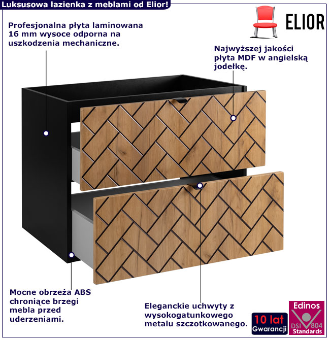 Wisząca szafka pod umywalkę z szufladami dąb craft złoty Aploni 5X 80 cm