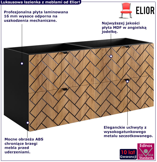 Szafka wisząca pod 2 umywalki Turin 6X 120 cm czarny + dąb craft złoty