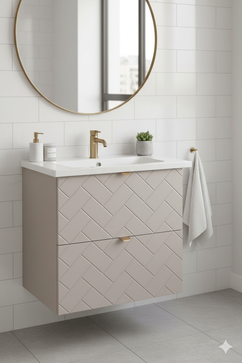 Aranżacja łazienki z szafką pod umywalkę z szufladami 60 cm kaszmir - Aploni 4X