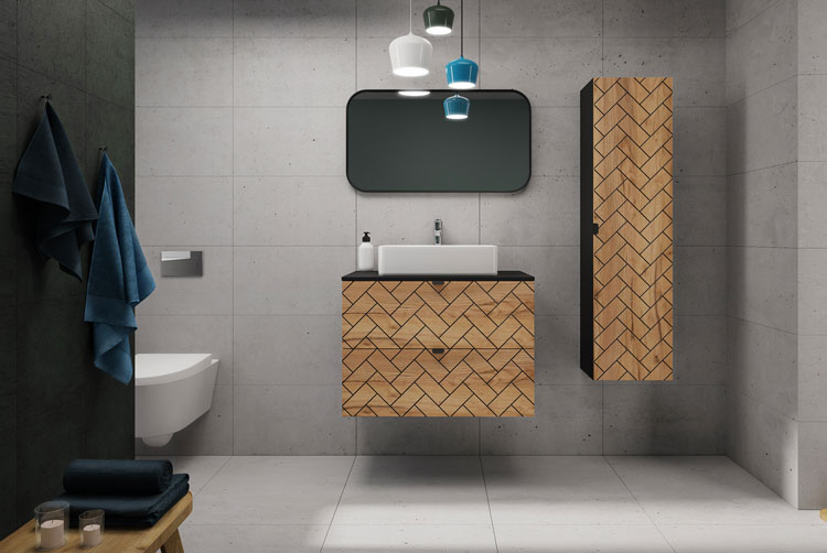 Łazienka z wykorzystaniem zestawu mebli łazienkowych Aploni 8X czarny + dąb craft złoty