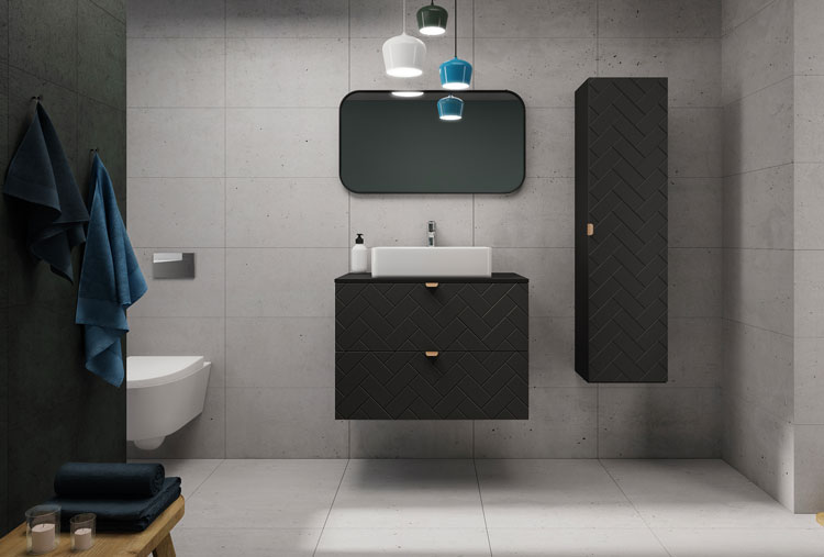 Wizualizacja łazienki z wykorzystaniem czarnego kompletu mebli łazienkowych Aploni 9X