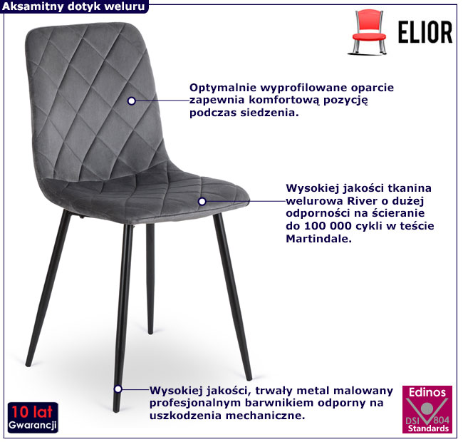 Szare welurowe pikowane krzesło Damela