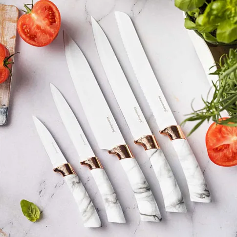 Wizualizacja zestawu noży kuchennych Murowis 5X kolorbiały marmur