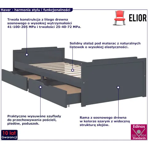 Fotografia Szare pojedyncze łóżko z szufladami sosnowe 90x200 - Kamos z kategorii Łóżka