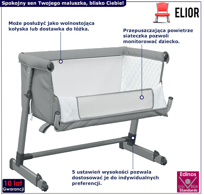 Jasnoszara dostawka do łóżka Darli