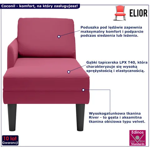 Aksamitny szezlong Coconil kolor czerwony