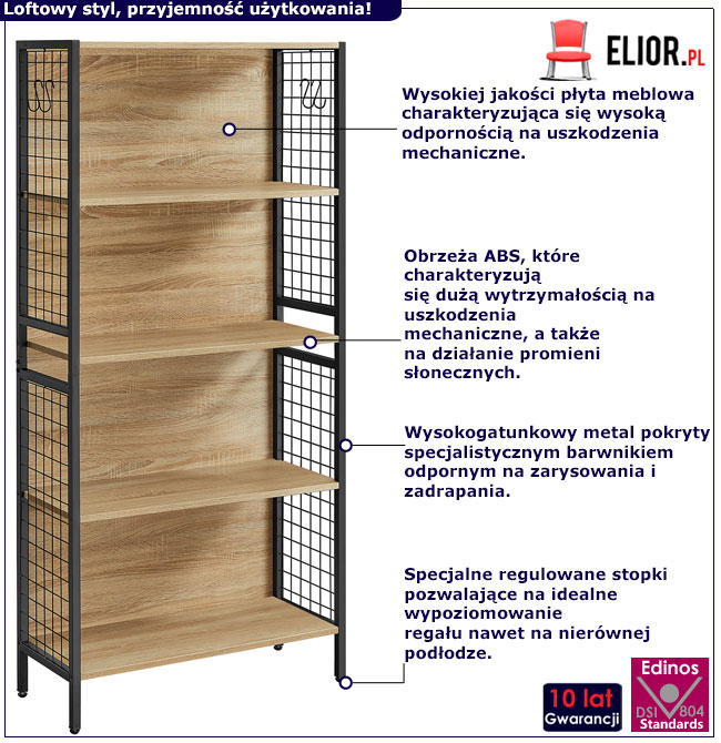 Nowoczesny regał drewno metal Arwen 3X dąb sonoma