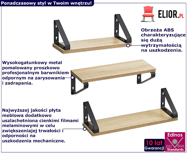 Komplet 3 półek wiszących loft Vopra dąab sonoma