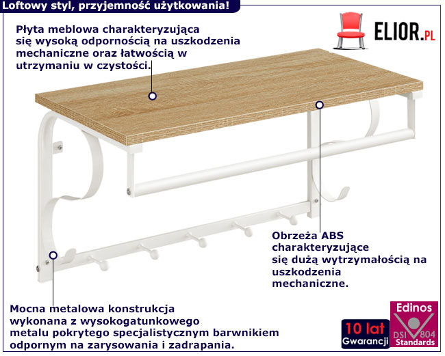 Biała półka do przedpokoju z wieszakami Helior 12X