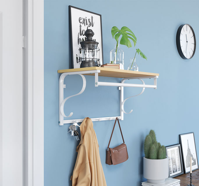 Przedpokój z wykorzystaniem półki Helior 12X biały + dąb sonoma