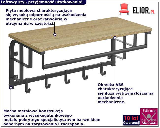 Loftowa półka z wieszakiem na kurtki Helior 13X dąb sonoma