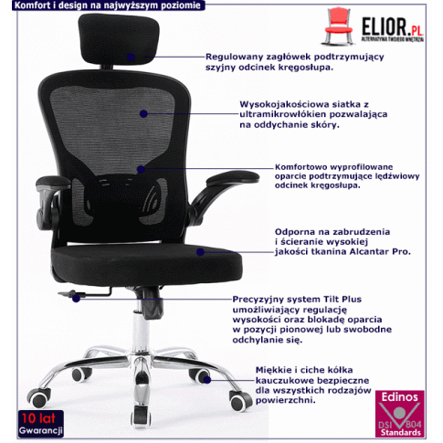 Fotografia Czarny ergonomiczny fotel biurowy z zagłówkiem - Meir z kategorii Pracownia i biuro