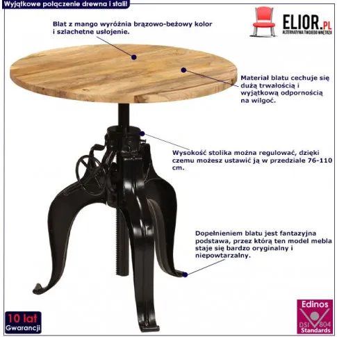 Industrialny stolik barowy Eldness 3X ukazany na infografice