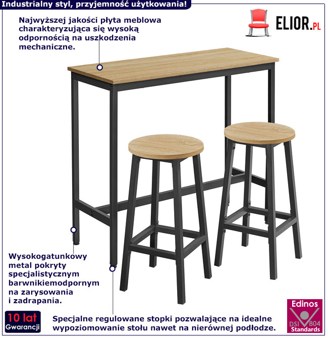 Industrialny stolik barowy z 2 taboretami Selima 4X dąb sonoma