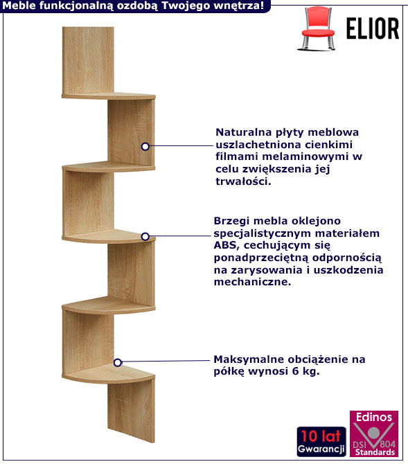 Wiszący wąski regał narożny Golo dąb sonoma
