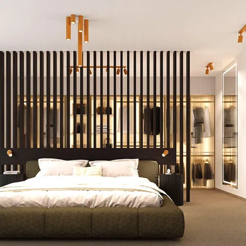 Wizualizacja wnętrza ze złotą lampą D286-Avium