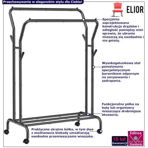 Fotografia Czarny mobilny stojak na ubrania z półką - Neil z kategorii Meble na ubrania