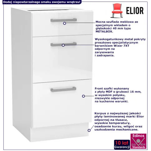 Fotografia Biała szafka dolna z 3 szufladami - Lucio 6X 40 cm połysk z kategorii Szafki