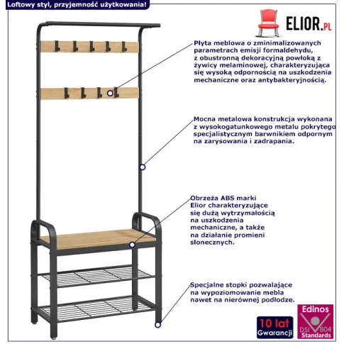 Nowoczesna szafka na buty z wieszakiem Wordis czarny + dąb sonoma