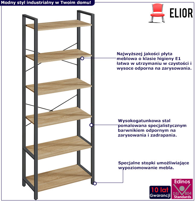 Metalowy regał loft na książki do salonu Puvis dąb sonoma