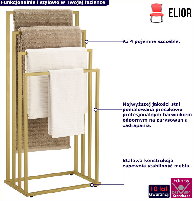 Złoty stojak wieszak na ręczniki do łazienki Kordo