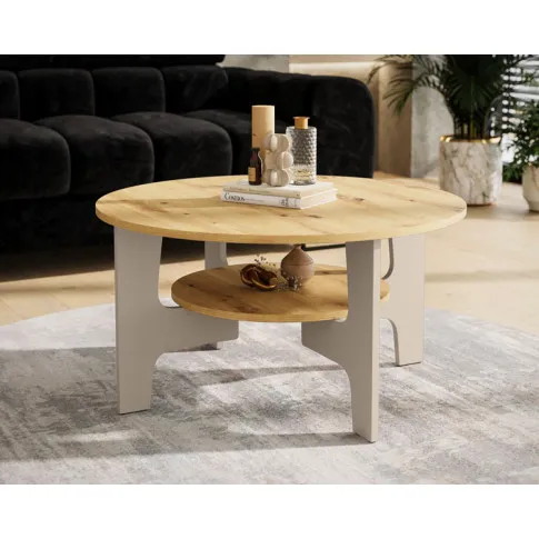 Salon z wykorzystaniem okrągłego stolika kawowego Nasini 3X dąb artisan + kaszmir
