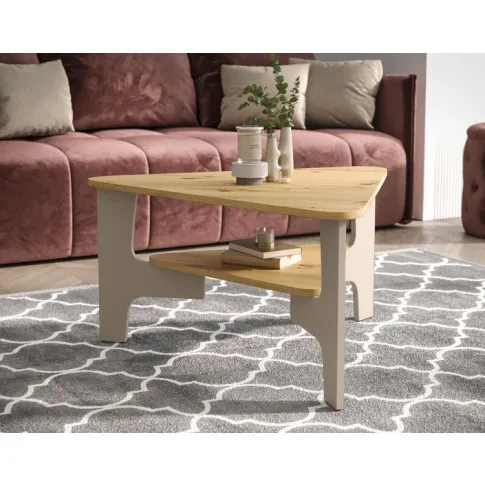 Salon z trójkątnym stolikiem kawowym NAsini 4X dąb artisan + kaszmir