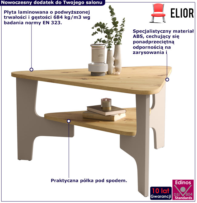 Trójkątny stolik kawowy z półką Turin 4X dąb artisan + kaszmir