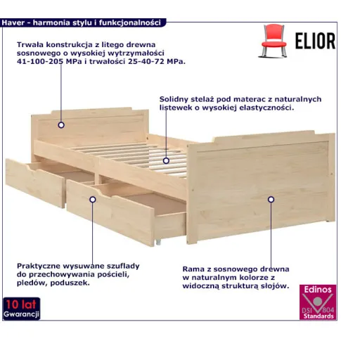 Fotografia Sosnowe pojedyncze łóżko z szufladami 90x200 - Kamos z kategorii Łóżka