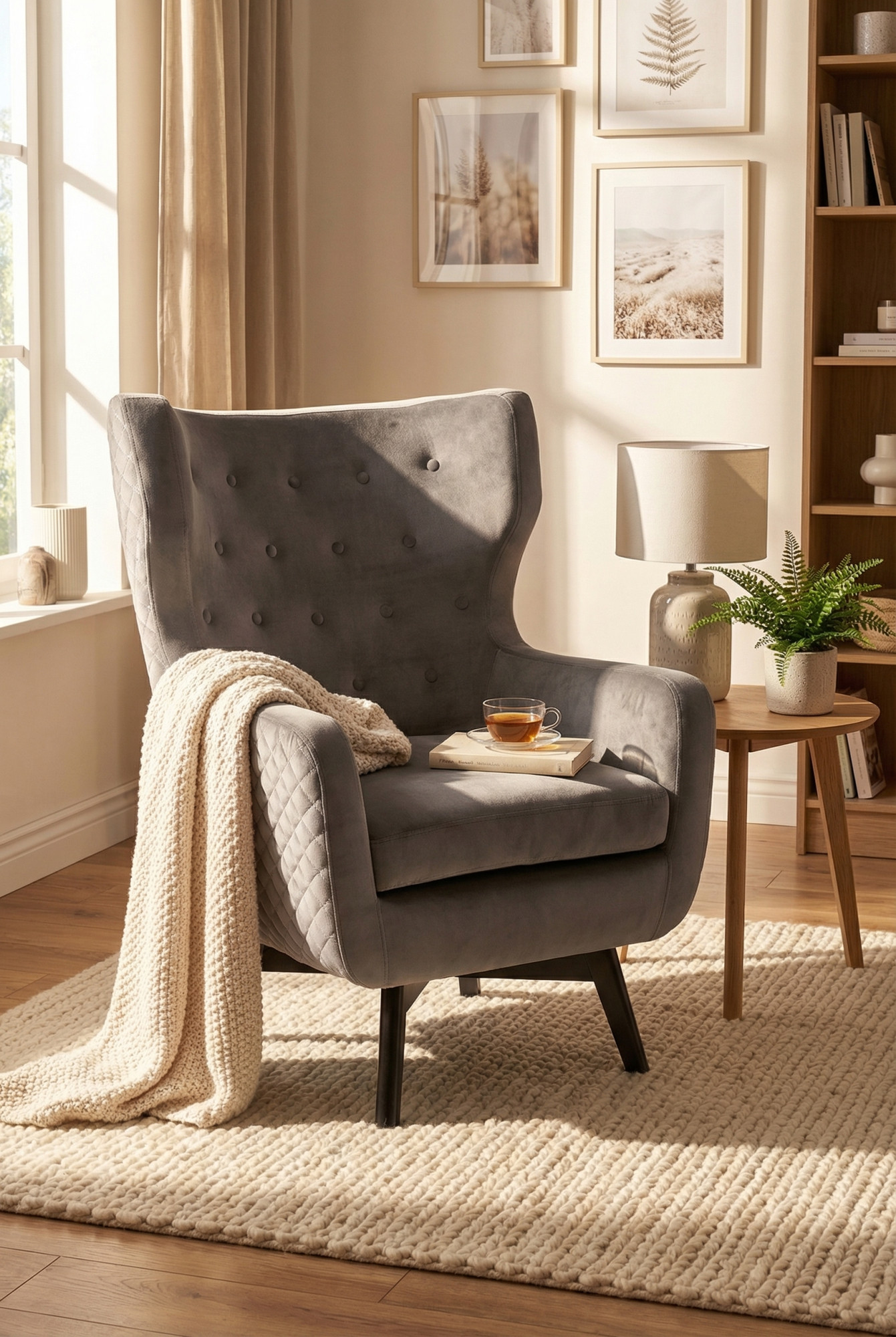 Wnętrze z szarym fotelem uszakiem Xoda