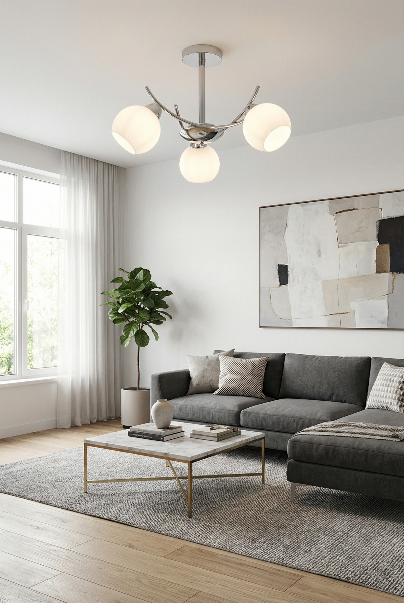 Aranżacja salonu z wiszącą lampą z trzema kloszami M071-Pari