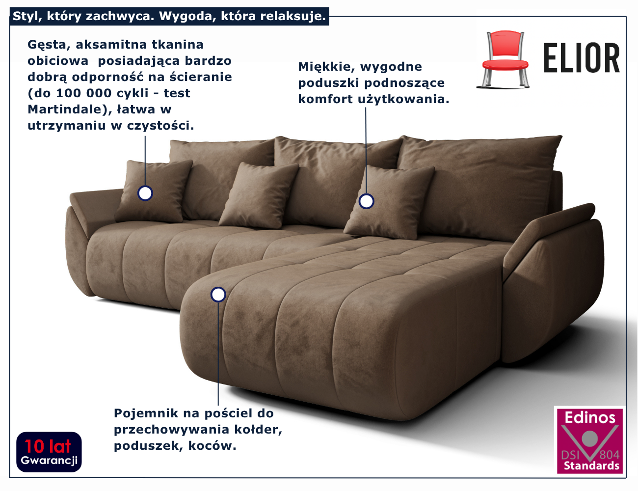 Brązowy narożnik welurowy z pojemnikiem Ikto