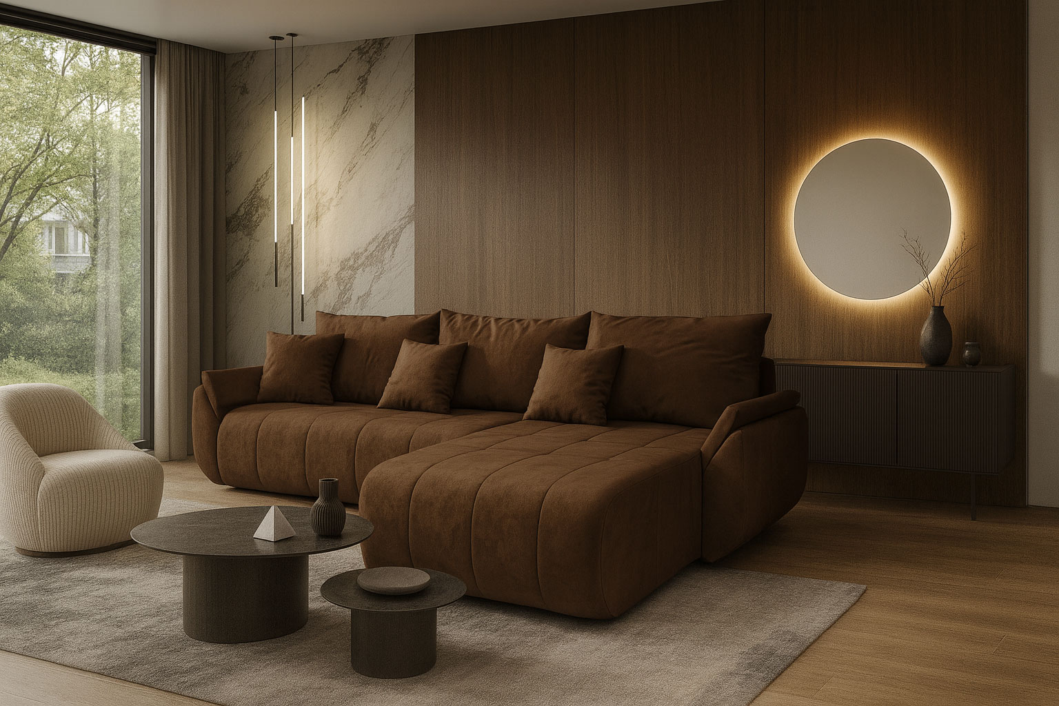 Salon z wykorzystaniem brązowego narożnika welurowego z funkcją spania Ikto