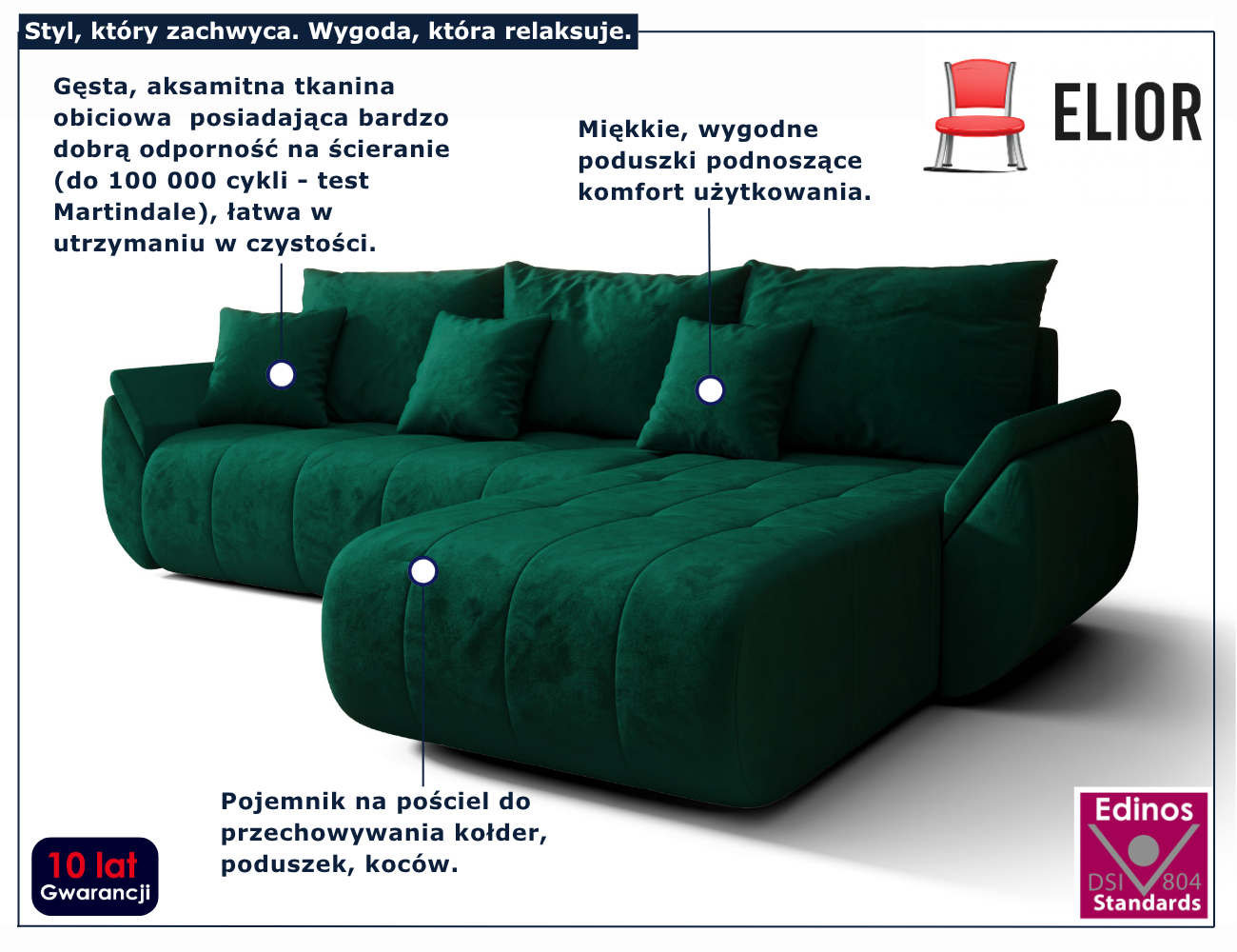 Zielony welurowy narożnik L do salonu Ikto