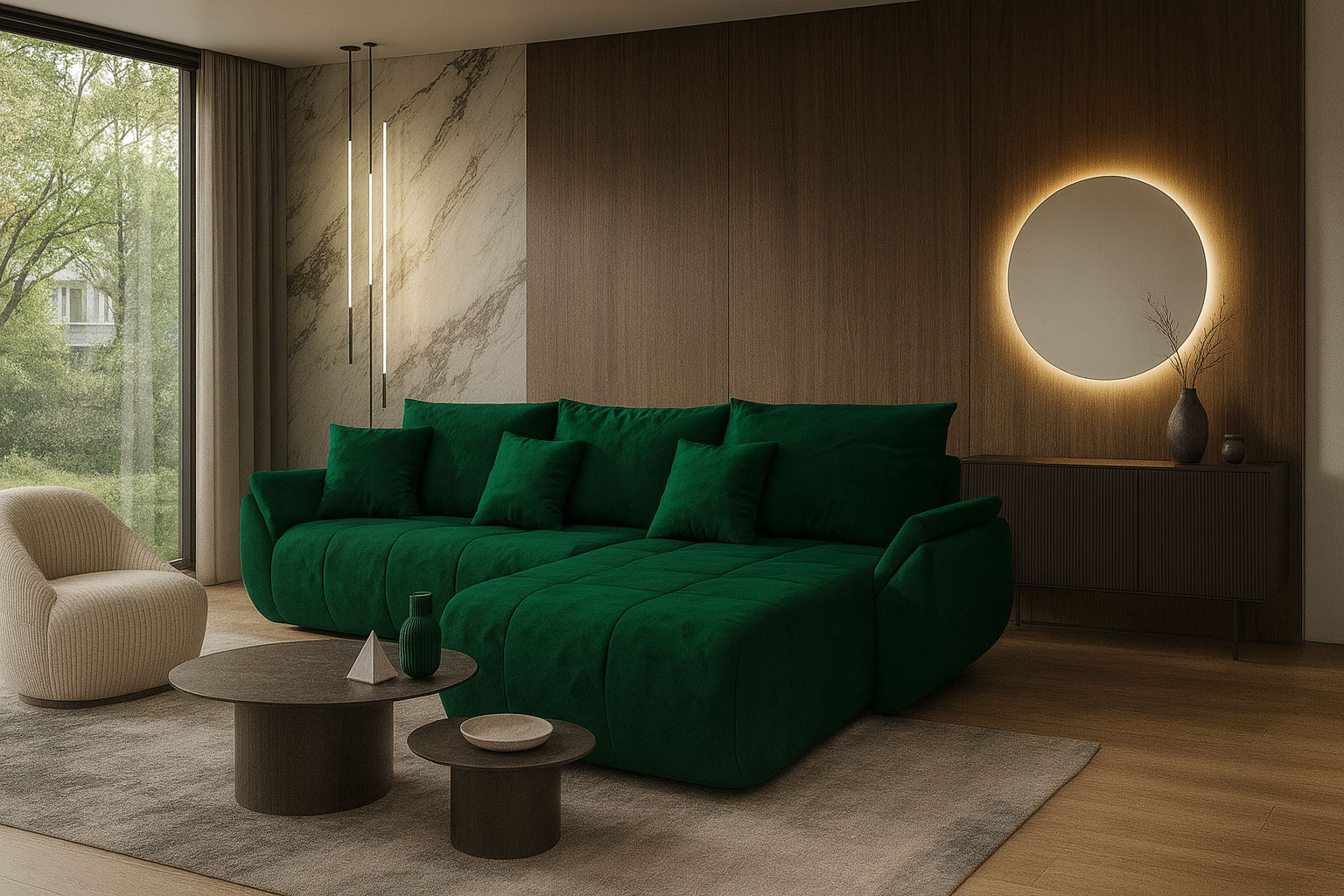 Salon nowoczesny z wykorzystaniem zielonego narożnika welurowego Ikto