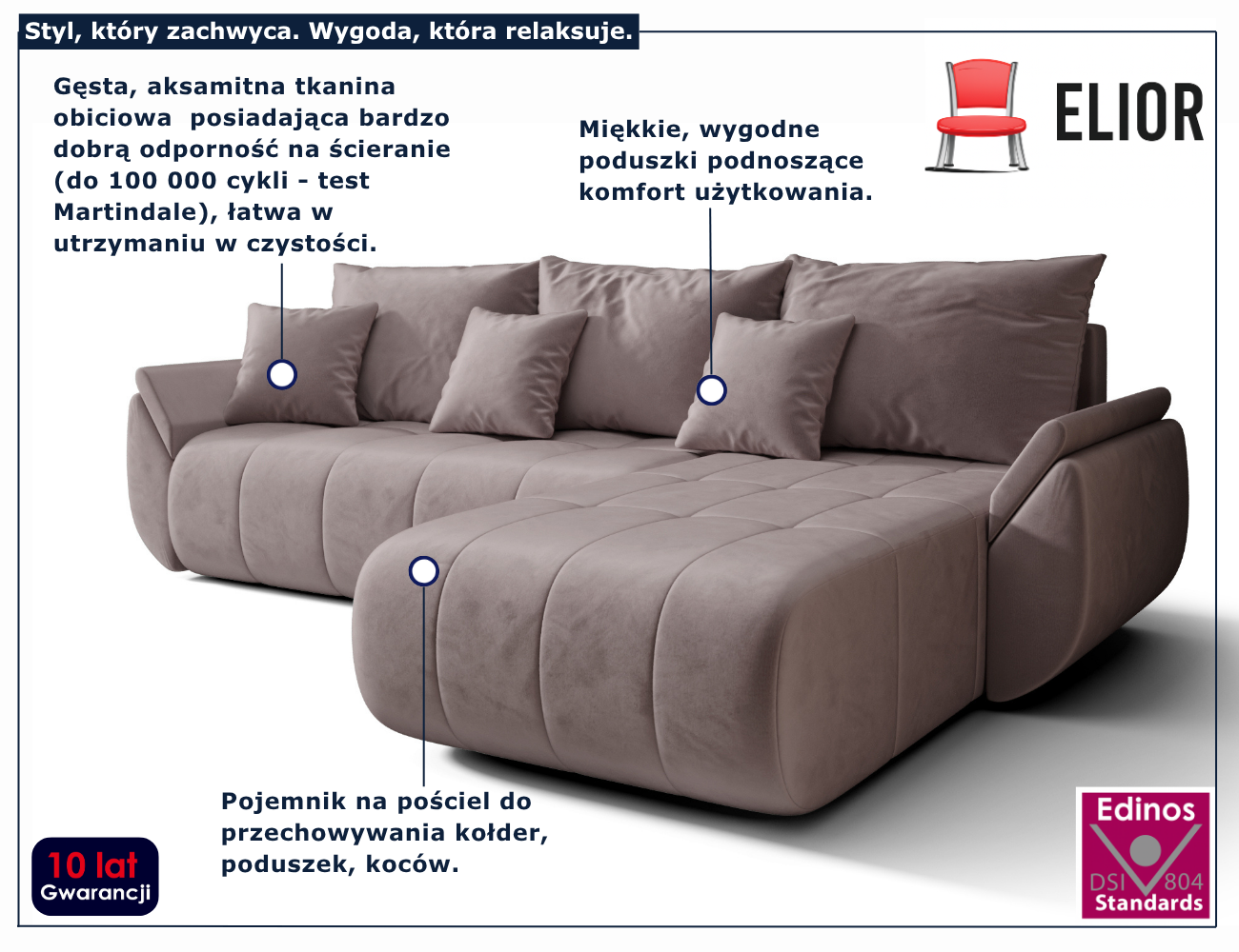 Welurowy wrzosowy narożnik z pojemnikiem na pościel Ikto