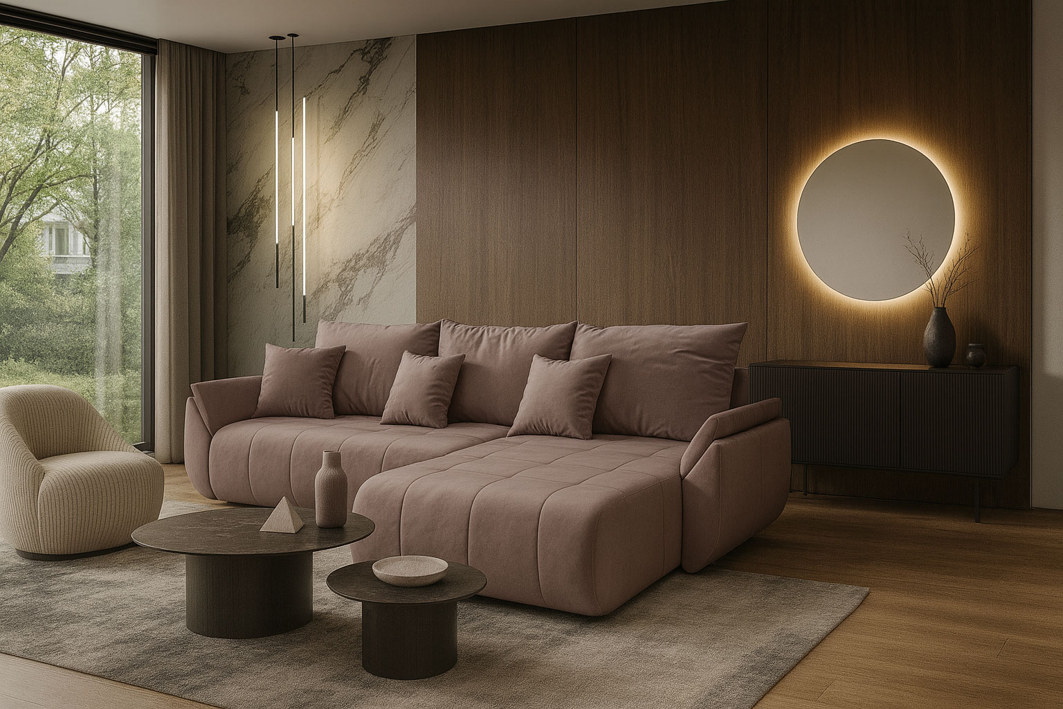 Wnętrze nowoczesne z wykorzystaniem różowego narożnika Ikto