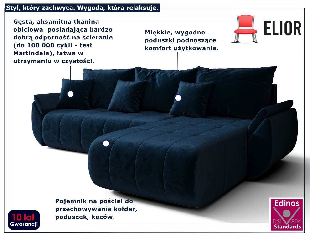 Ciemnoniebieski narożnik welurowy z funkcją spania Ikto