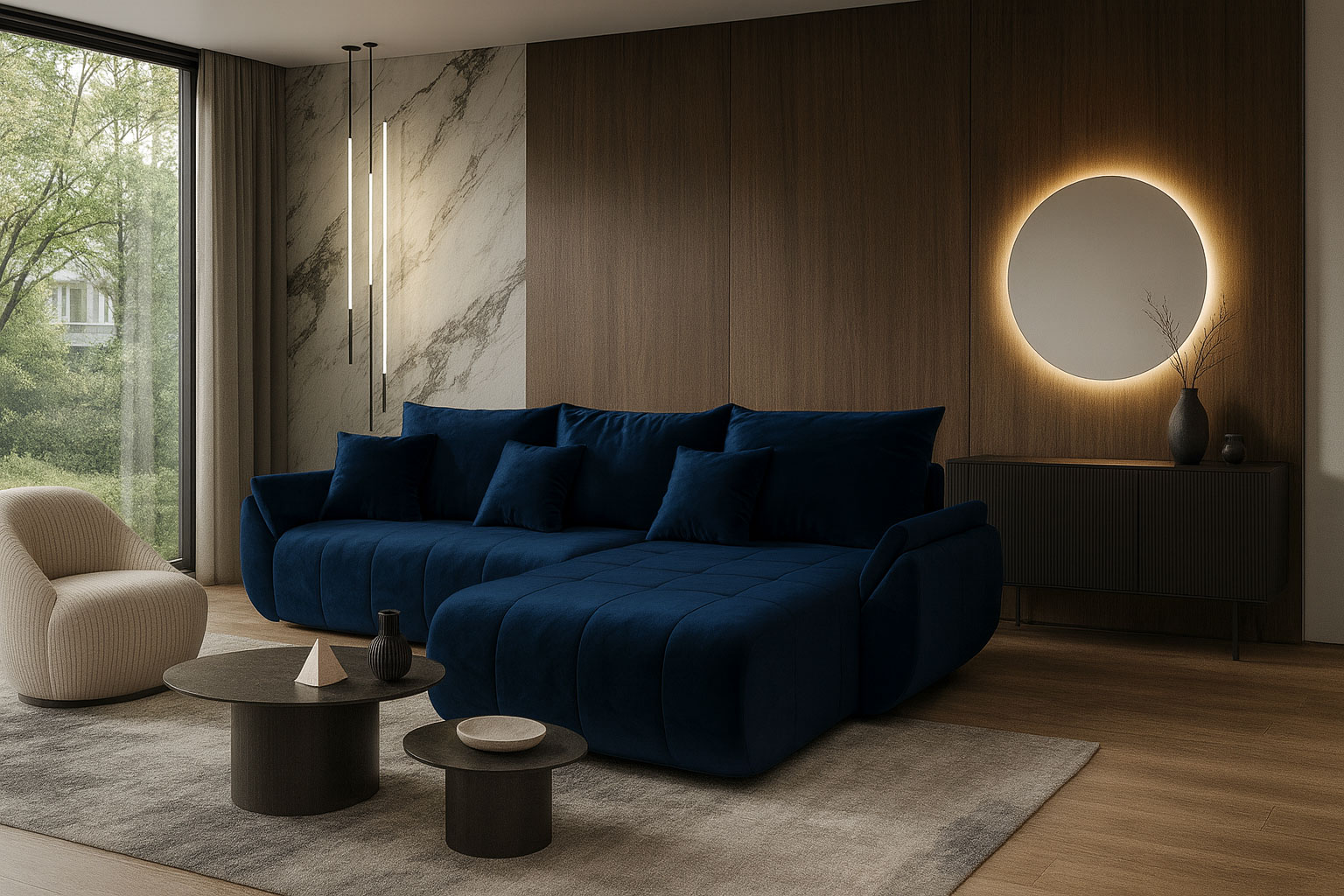 Ciemnoniebieski narożnik welurowy Ikto w nowoczesnym salonie